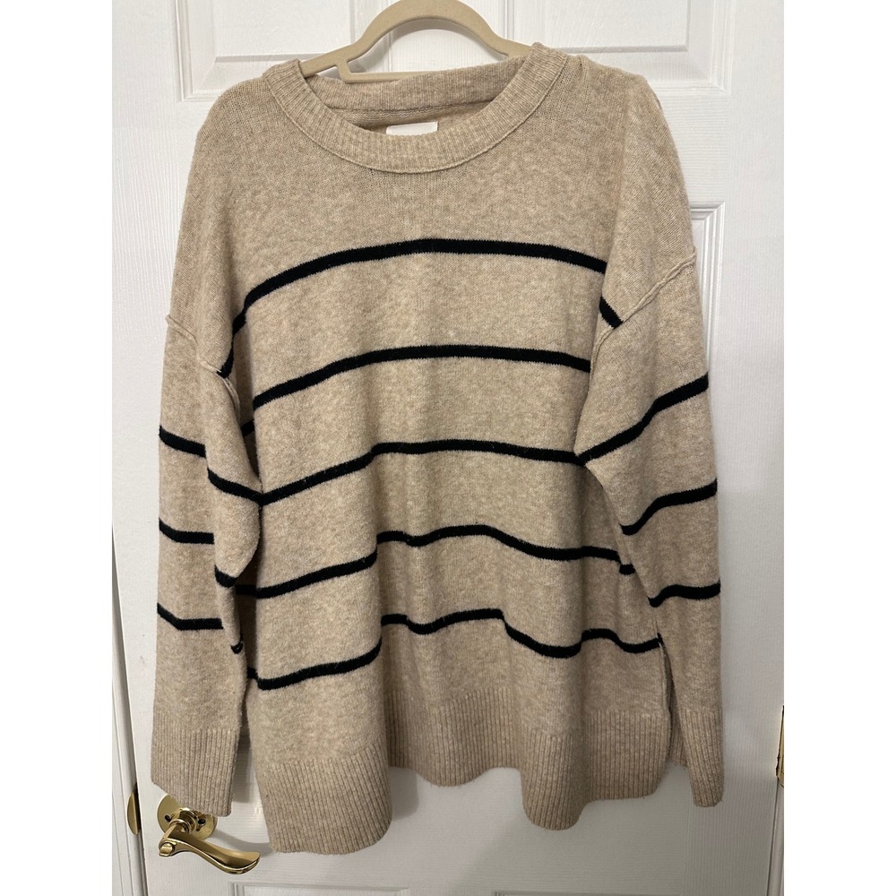 Aerie Oversized Striped Crewneck Sweater Beige Black Knit Large L